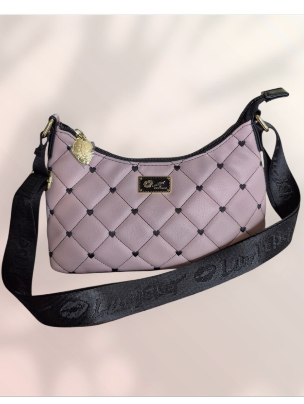 Luv Betsey Lola Crossbody By Betsey Johnson Pink Quilted With Black Hearts